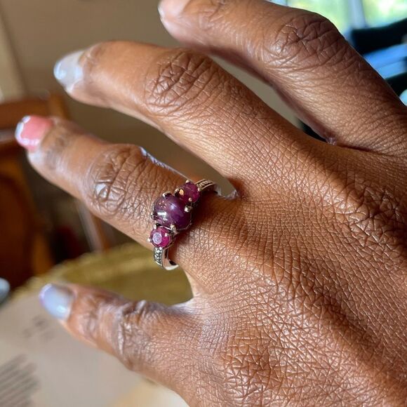 Ruby Ring Three Stone Platinum Sterling Silver Jewelry  Gemstone Birthstone - Picture 4 of 12